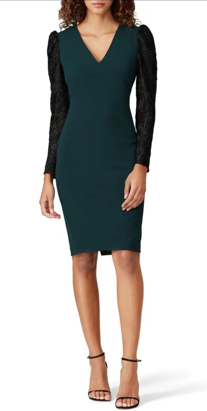 Badgley Mishka green black lace long sleeved vneck sheath dress Goth Romantic